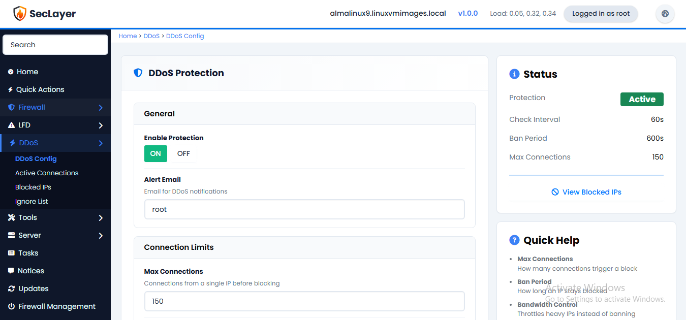 DDoS configuration screen