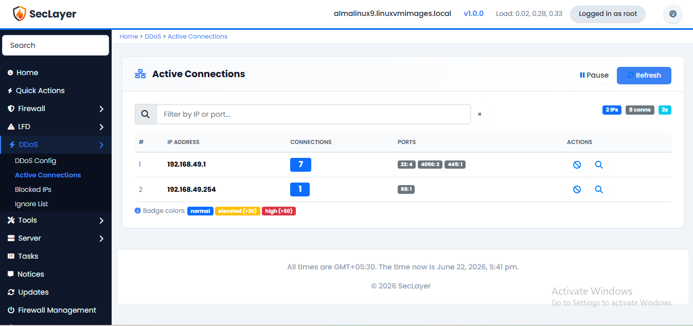 Active connections screen