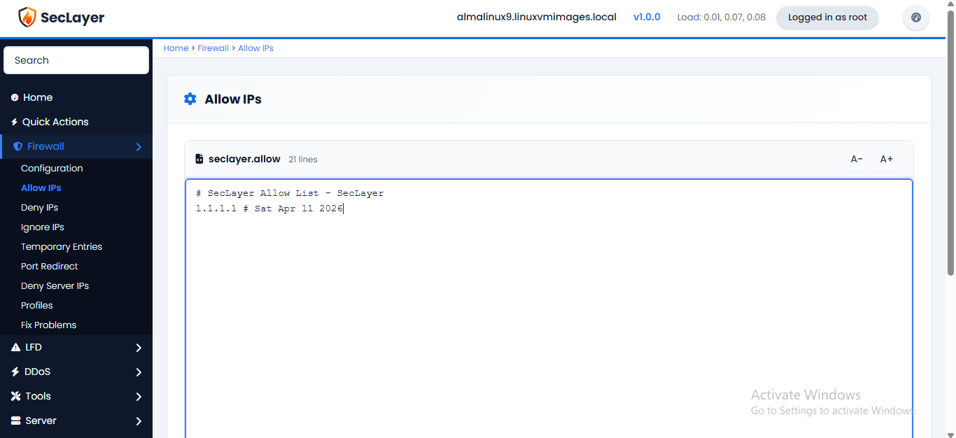 Allow IPs screen