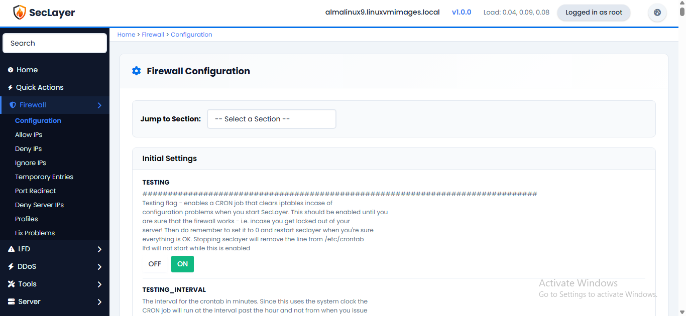 Firewall configuration screen