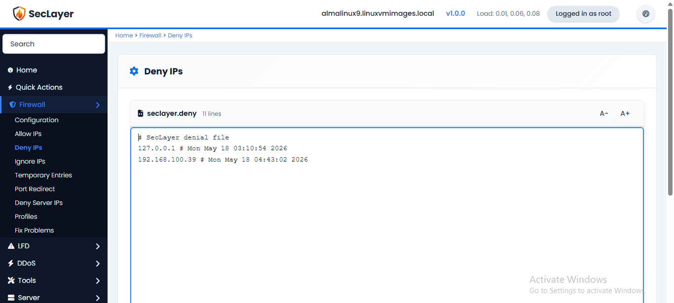 Deny IPs screen