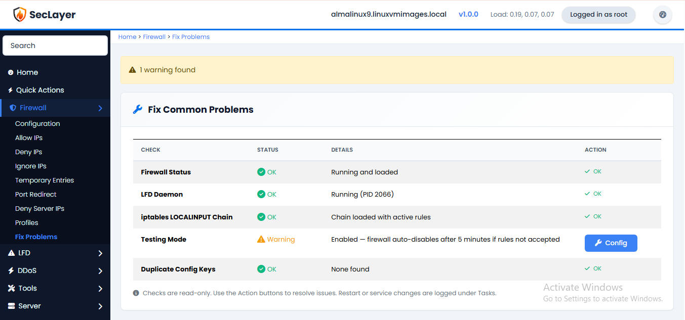 Fix problems screen