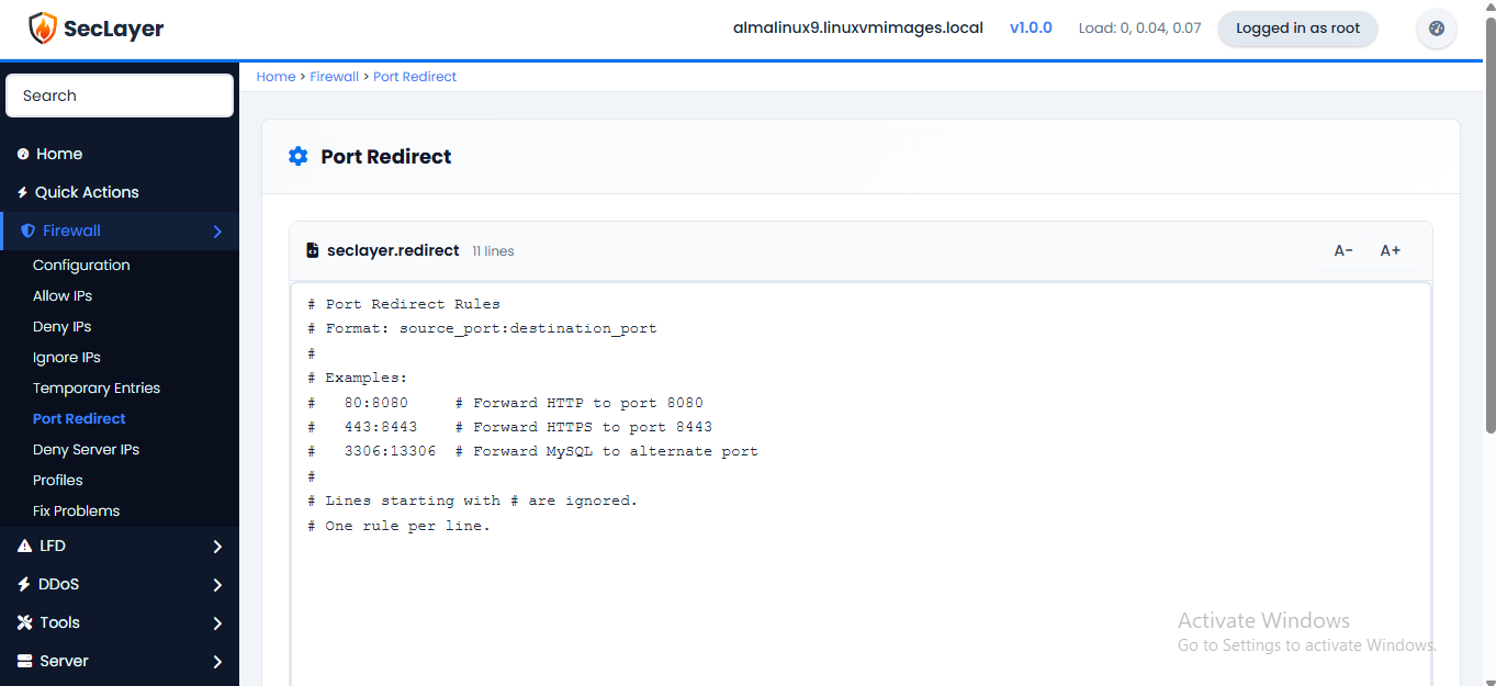 Port redirect screen