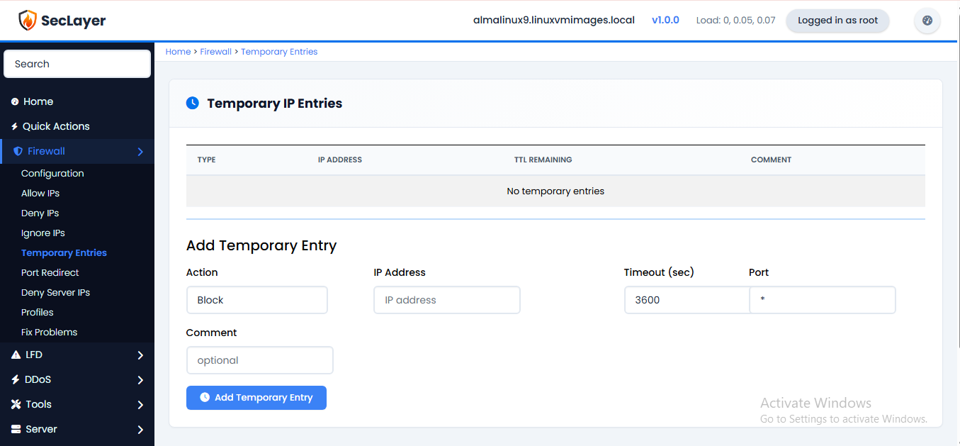 Temporary entries screen