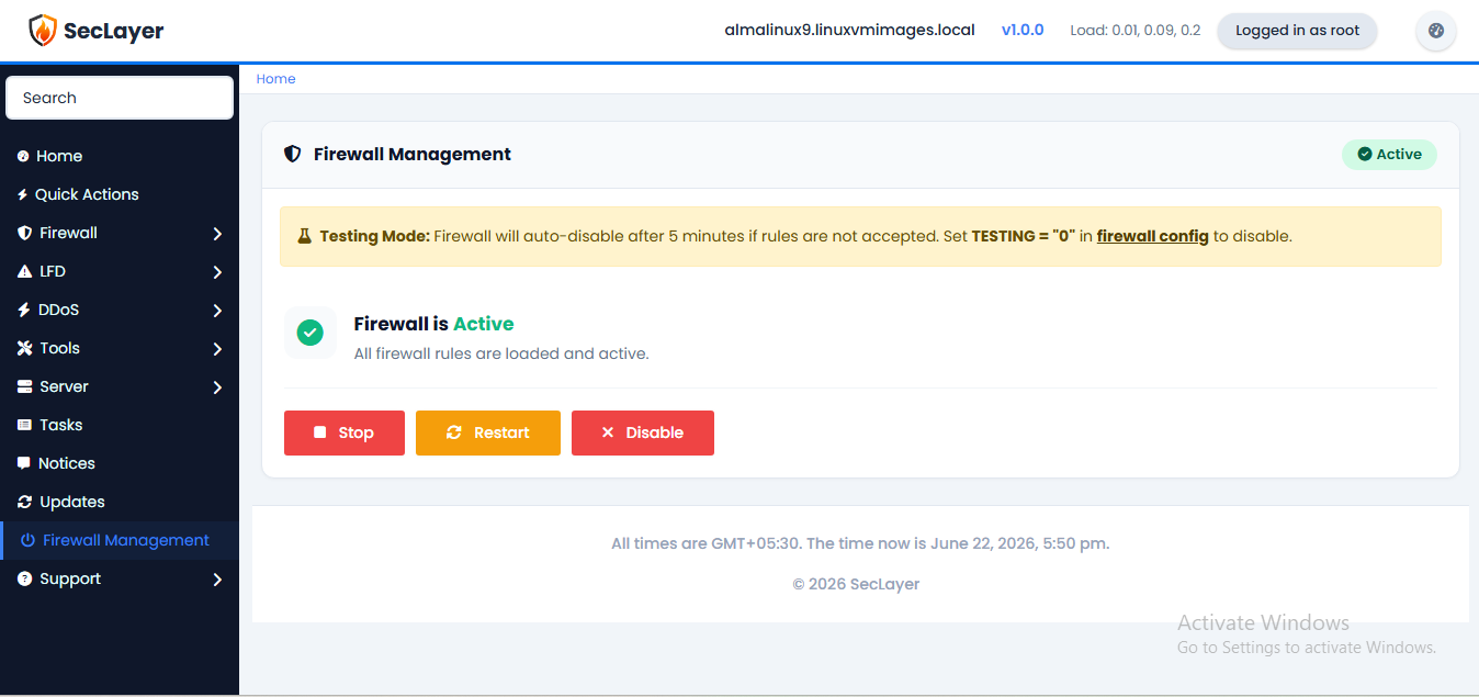 Firewall management screen