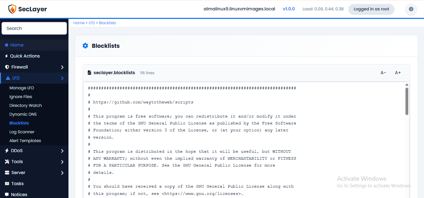 Blocklists screen
