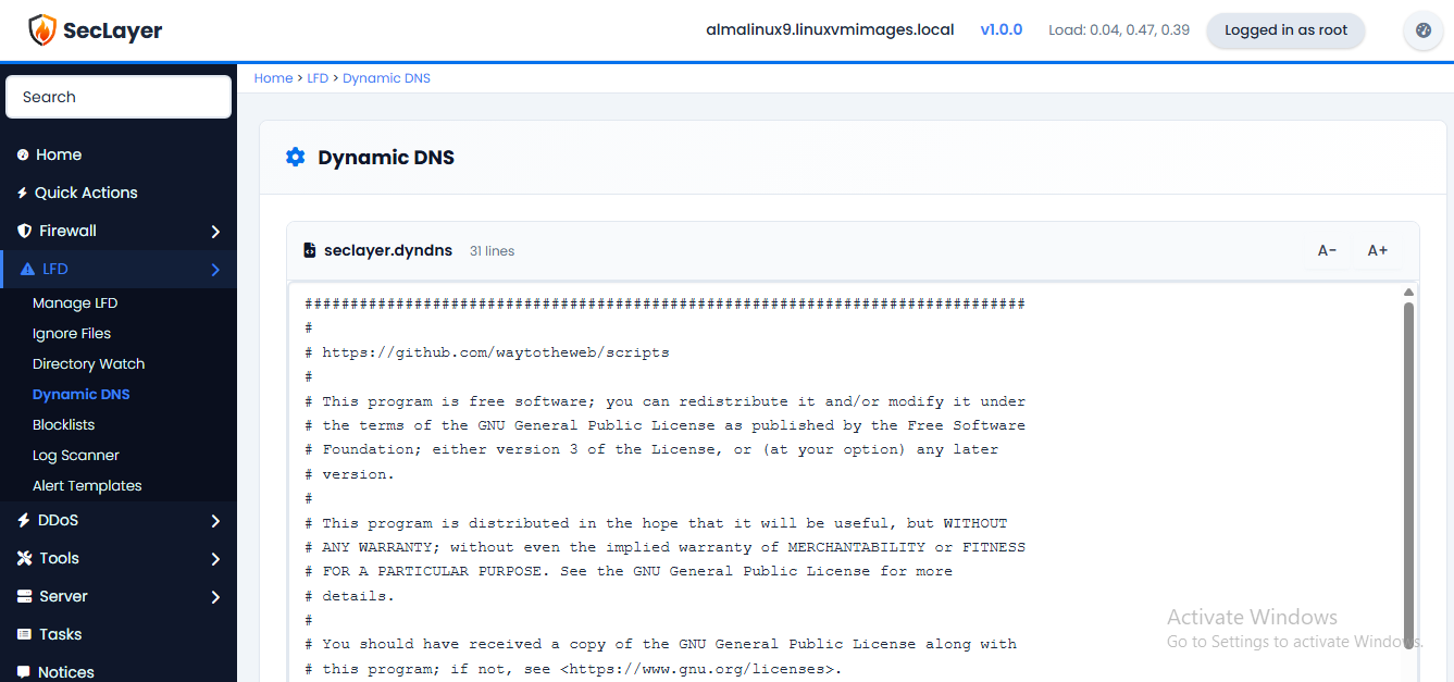 Dynamic DNS screen
