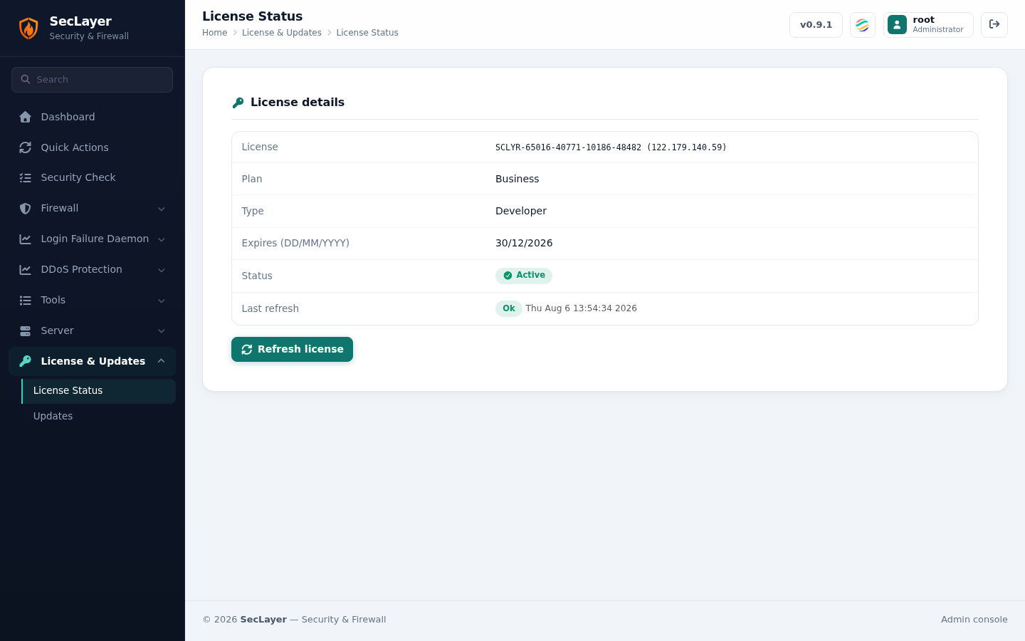 License Status Screen