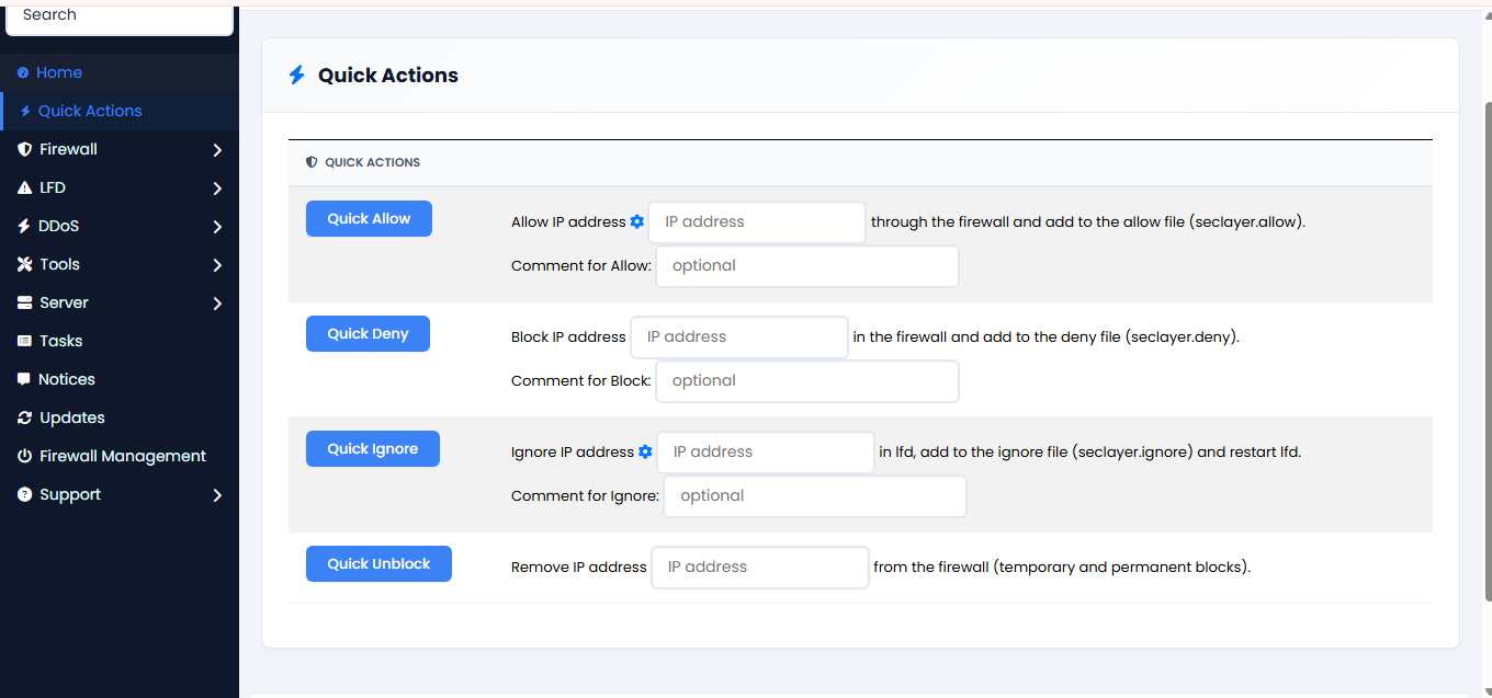 Quick Actions screen