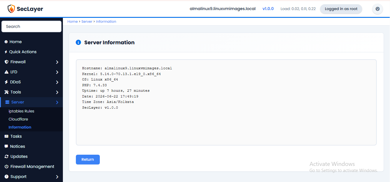 Server information screen