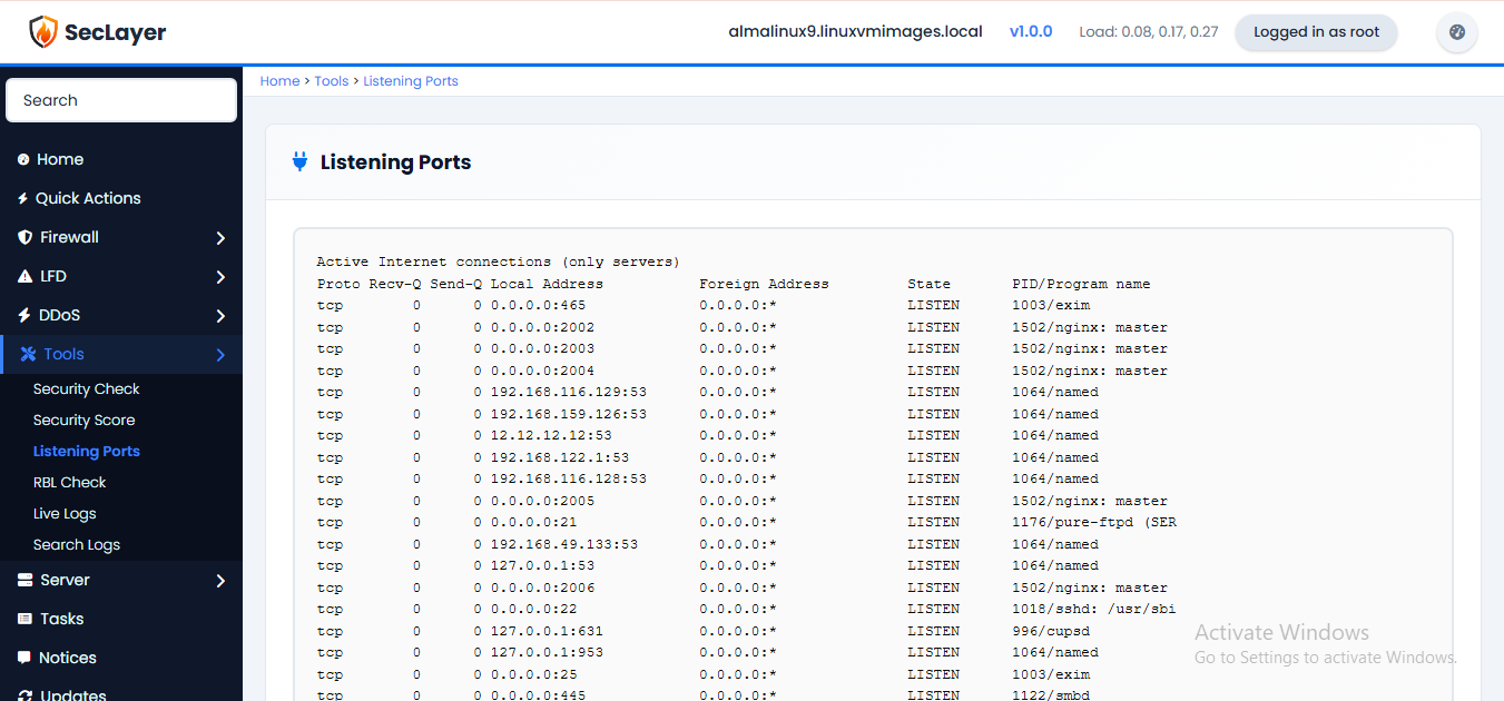 Listening ports screen