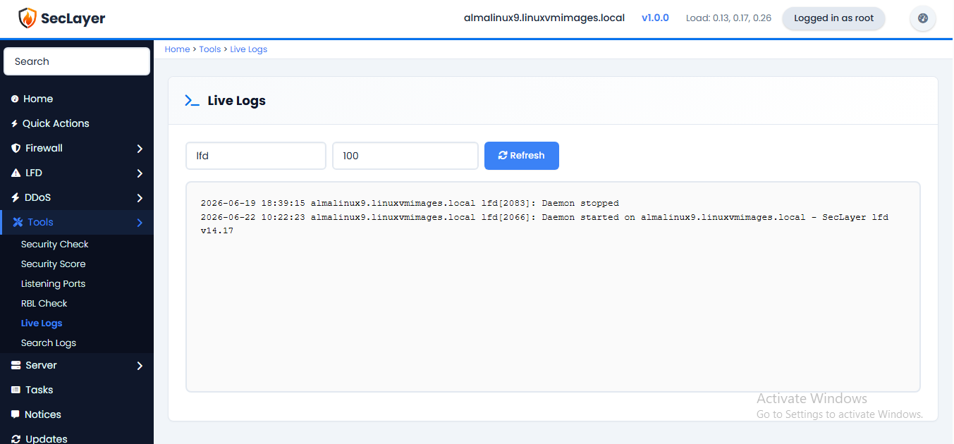 Live logs screen