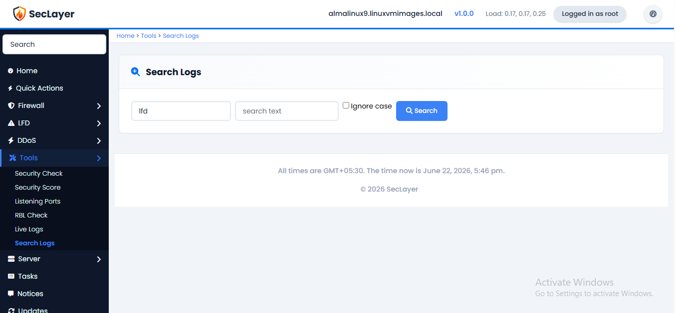 Search logs screen